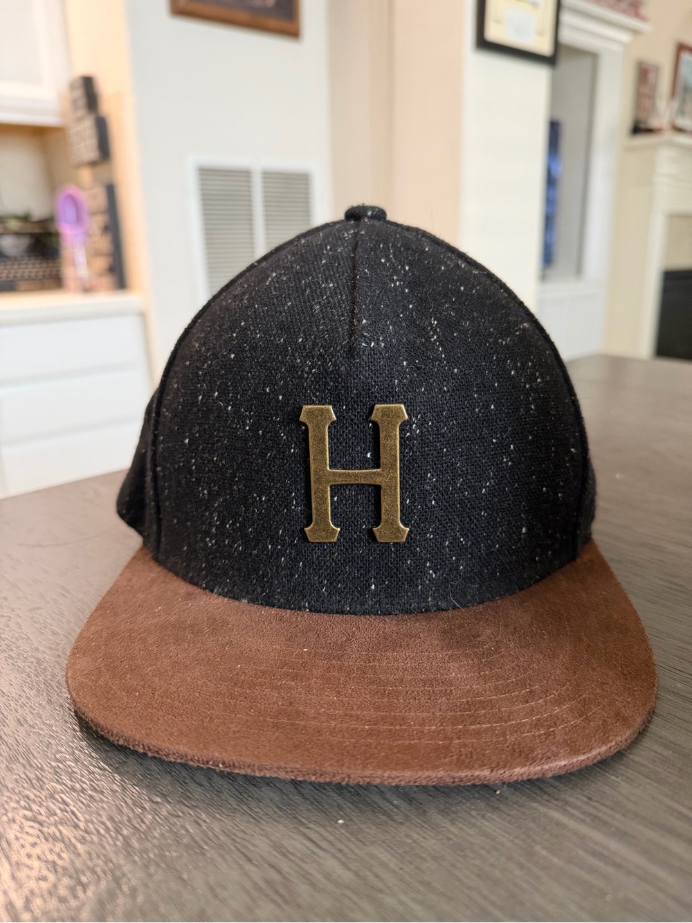 HUF Black Speckled Wool Hat with Brown Suede Brim and Brass H